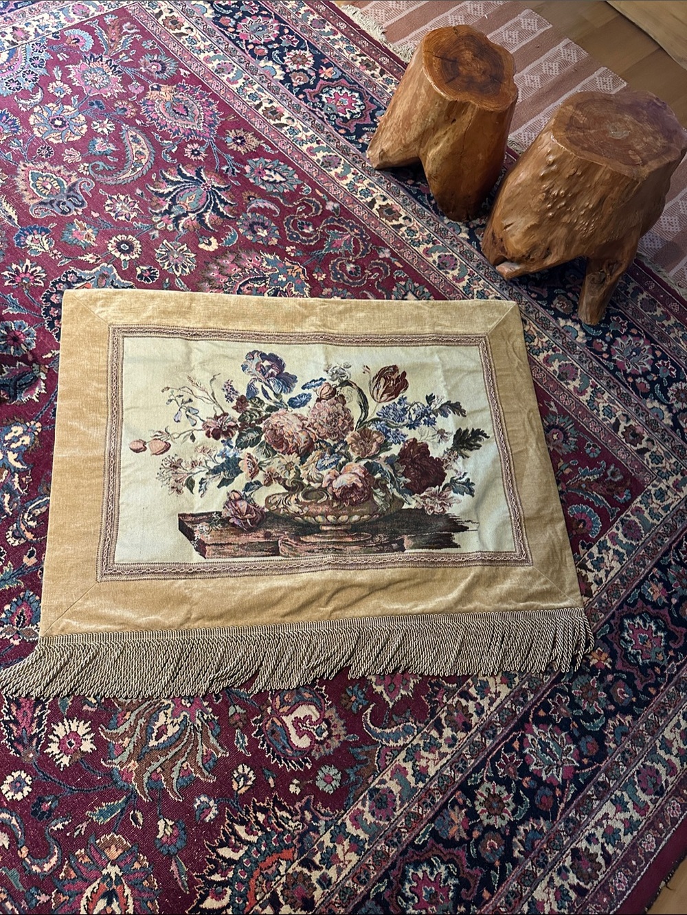 Floral Tapestry Throw with Fringe - Cream & Gold VTG